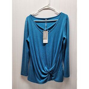 NWT- Niashot Criss-Cross V-Neck Long Sleeve Drape Top - Blue Small
